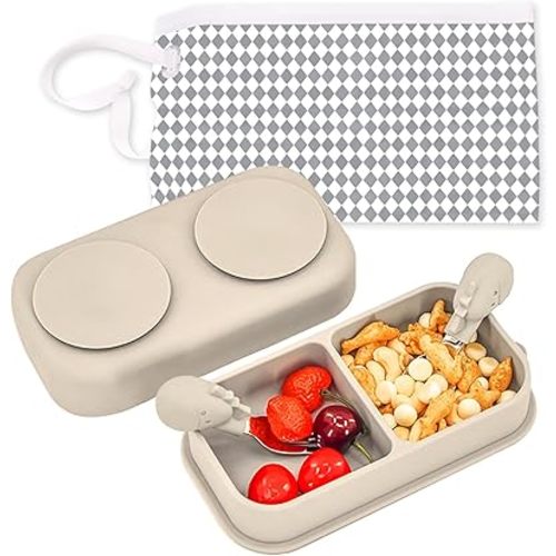 5PCS Travel Suction Plate for Baby, Portable Silicone Suction Plate to Go,Baby Divided Bowls Feeding Set with Travel Bag for Toddler Baby Plate(Light Beige)