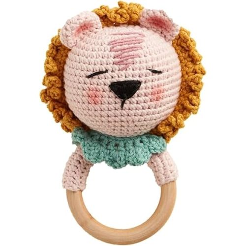 Chippi & Co Wooden Crochet Baby Rattle, Crochet Toys Stuffed Animals Easter Gifts for Kids, Wooden Newborn Toys, Easter Basket Stuffers, Basket Filler, Baby Shower Decor (Rory The Sleepy Lion)