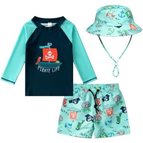Baby-Boys Toddler Long Sleeved Rashguard Swim Bathing Suit and Sun Hat Set