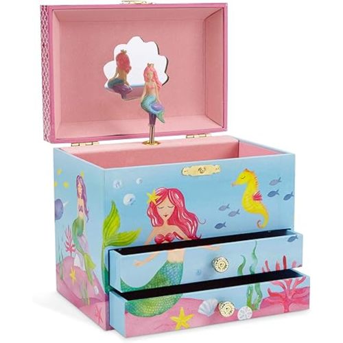 Jewelkeeper Mermaid Musical Jewelry Box for Girls with Two Pullout Drawers, Underwater Design, Plays Over The Waves Tune, Durable Pine Fiberboard, Suitable Gift for Kids Jewelry Storage