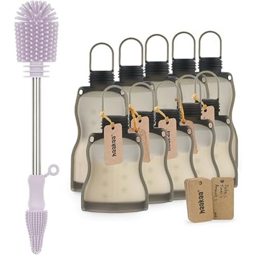 Haakaa Silicone Breastmilk Storage Bags& Cleaning Brush Set-Reusable Leak Proof Breast Milk Storing Freezer Bags for Breastfeeding-Silicone Bottle Brush