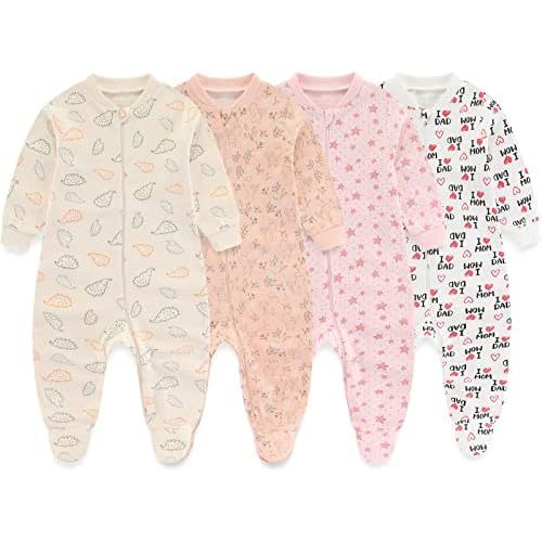 Newborn Baby One-Piece Footies Romper 2-Way Zip Cotton Bodysuit Long-Sleeve Jumsuit 4-Pack, 0-12 Months