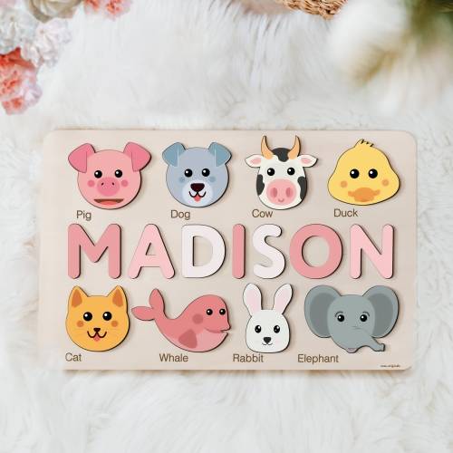 Animals Wooden Name Puzzle | Busy Board Puzzle | Toddler Toys | Baby Girl Gifts | Gift for Kids | Baby First Easter Present | Birthday Gift