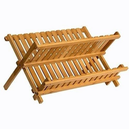 Bamboo Drying Rack - 2 Tier Wooden Dish Drainer - Collapsible Compact Plate Rack for Kitchen - Homeitusa