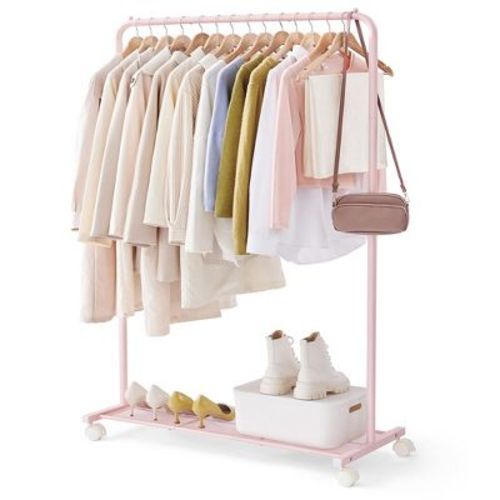 SONGMICS 110 lb Load Capacity Clothes Rack with Wheels Garment Rack with Storage Shelf Clothing Rack for Bedroom 2 Brakes Steel Frame Jelly Pink