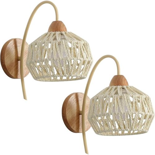Battery operated boho wall sconces with remote control,Rattan woven wall lighting no wiring,Rope woven wall lamp set of two,For living room,bedroom,cafe,etc.(with bulb+remote control+charging cable)