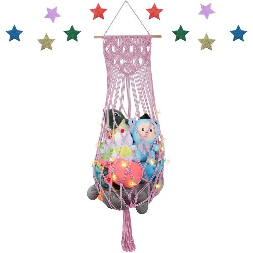 Stuffed Animal Hammock Wall Hanging Net W/String Light for Stuffed Animal Net Stuffed Animal Storage Plush Toy Holder Toy Organizer for Boho Kidroom Playroom Nursery Decor (Light Pink)