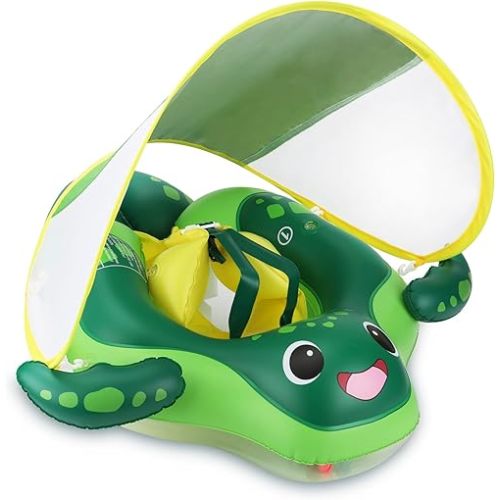 Sloosh Baby Swimming Floats with Removable Sun Canopy, Inflatable Baby Pool Float, Sea Turtle Design Infant Swim Float Ring