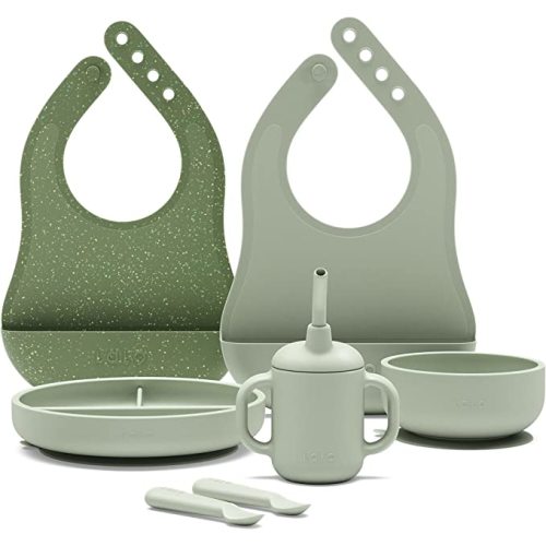 Lalo First Bites Silicone Baby Feeding Set - Baby Led Weaning Supplies - Non-Toxic Silicone - Includes 2 Bibs, 2 Spoons, Training Cup, Suction Plate and Bowl - 6 Pieces - Sage