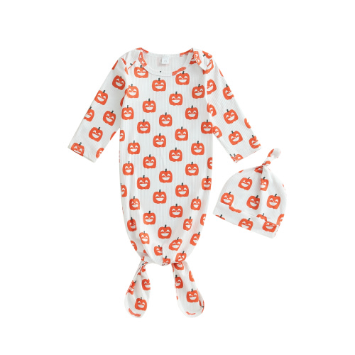 Newborn Baby Boy Girl Halloween Pumpkin Sleeper Knotted Gown Hat Set Long Sleeve Sleeping Bag Nightgown Pjs Outfits