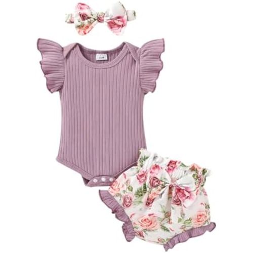 Tiny Cutey Baby Girl Clothes Infant Summer Outfits Set Ruffle Sleeve Romper and Floral Shorts with Headband