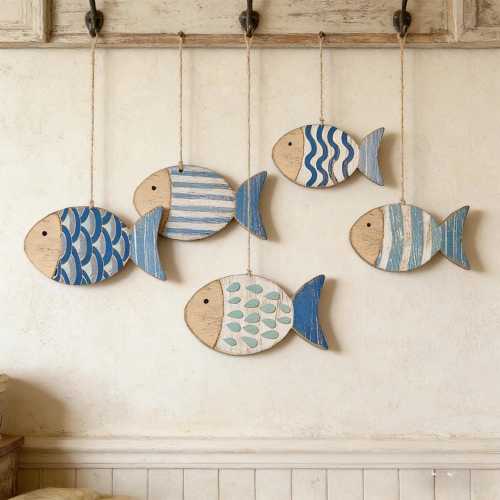 Rustic Wooden Fish Wall Hanging Nautical Beach Decor Blue School of Fish Sign Lake House Bathroom Wall Art Handmade Coastal Ornament
