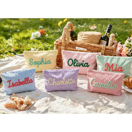 Personalized Seersucker Makeup Bag, Chenille Name Cosmetic Pouch, Travel Toiletry Bag, Gift for Her