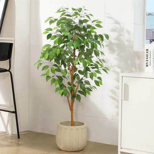 4FT Artificial Ficus Tree with Natural Wood Trunk and Lifelike Leaves, Silk Fake Potted Tree with Wood Branches, Faux Tree for Office Home Decor