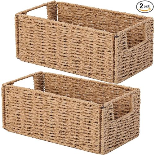 Vagusicc Wicker Storage Basket, Set of 2 Hand-Woven Paper Rope Wicker Basket, Small Storage Baskets for Organizing Toilet Paper Basket, Foldable Large Cube Storage Organizer Bins for Shelves (Natural)