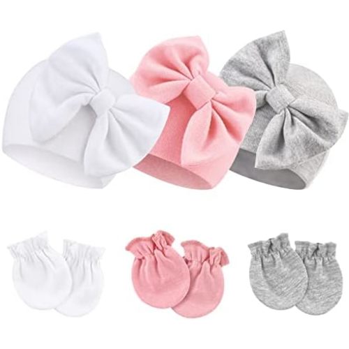 BQUBO Newborn Baby Hospital Hats Beanie Bow Infant Caps Baby Cotton No Scratch Mittens Set for 0-6 Months