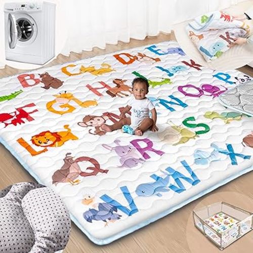 Baby Play Mat, 71x79 Mat with Super Soft Touch, Activity Mat with Upgraded Anti-Slip Bottom, Machine Washable Crawling Mat for Floor & Picnic(Animal Alphabets)
