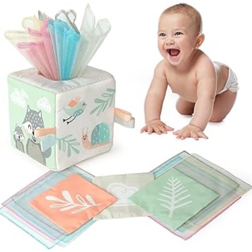Fun Baby Tissue Box with Stimulating Mirror For Endless Entertainment - Soft Montessori Toy w/ Crinkle Paper & Fabric Tissues - The Perfect Sensory Toy For Newborn/Infant Development From 6-12+ Months