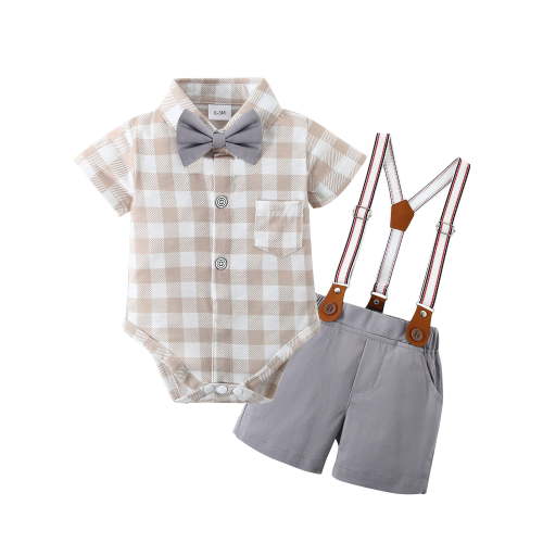 CARETOO Newborn Baby Boy Clothes Outfits Suits Plaid Bodysuit Shirts Suspender Shorts 3-6 Months