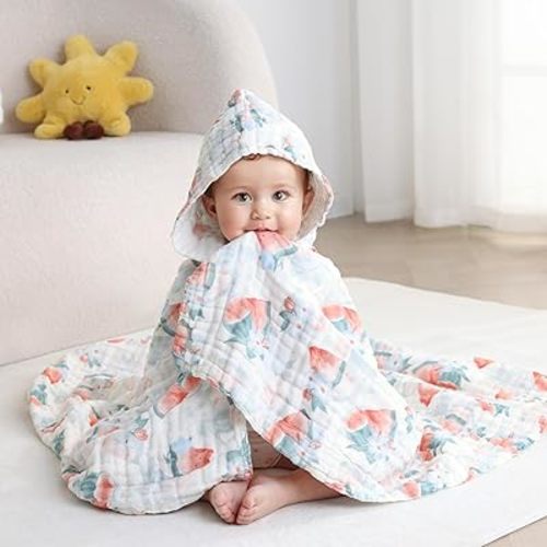 Muslin Hooded Baby Towels, Ultra Soft & Absorbent Baby Bath Towels, Bath & Beach Essentials, Shower Gifts for Babies, Infant, Toddler and Kids - Large 43x43 Inch (Watermelon)