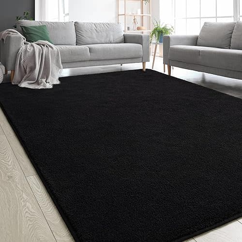 Black Area Rugs Shag Carpets for Bedroom Living Room, 6x9 Feet Extra Large Thickened Memory-Foam Rug, Modern Washable Rug for Kids Boys Girls Dorm Room, Indoor Floor Rug for Decor