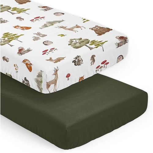 Sweet Jojo Designs 2-Piece Baby Crib Sheets Set (Woodland Animals) for Boys or Girls, Infant Nursery, Toddler Room - Standard Size (Forest Animal Friends, Neutral, Bear, Hedgehog, Fox, Dark Green)