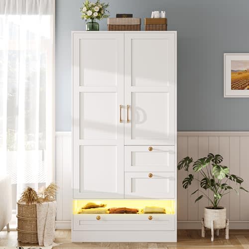 Maupvit 2 Doors Armoire Wardrobe Closet with Drawers and LED Lights, Bedroom Armoires Storage Cabinet with Hanging Rod & Golden Handle, Large Capacity Wardrobe Clothes Organizer for Laundry Room,White