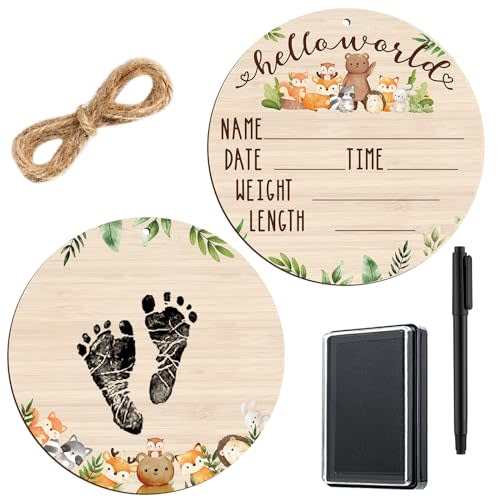 Thyle Baby Announcement Wooden Name Sign for Hospital Birth Double Sided Newborn Welcome Sign with Marker Pen and Ink Pad for Baby Shower Hand Footprints(Jungle)
