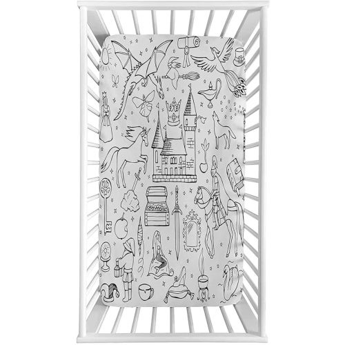 Doodle Fitted Crib Sheet,Prince Charming and Castle Pirncess Inspired Romance Drawing Knights and Dragons Microfiber Silky Soft Toddler Mattress Sheet Fitted,28"x 52"x 8'',Baby Sheet for Boys Girls