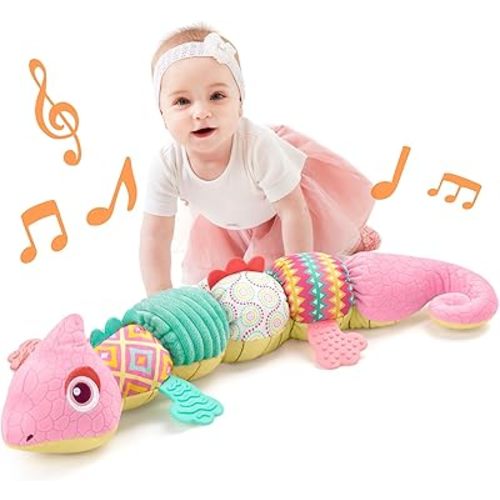 LIGHTDESIRE Baby Toys Musical Dinosaur,Infant Stuffed Animal Toys with Crinkle and Rattles,Soft Sensory Toys with Textures for Tummy Time Newborn Boys Girls 0 3 6 12 Months(Pink)