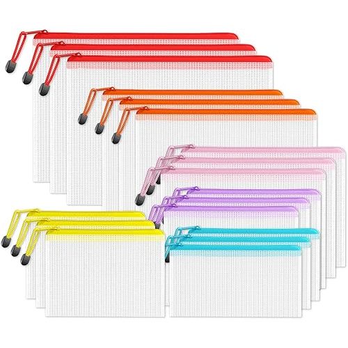 SUNEE Multisize Plastic Zipper Pouches (6 Colors, 18 Packs), Water-Resistant Zip Bag for School Office Supplies, Puzzles & Games Organizing Storage