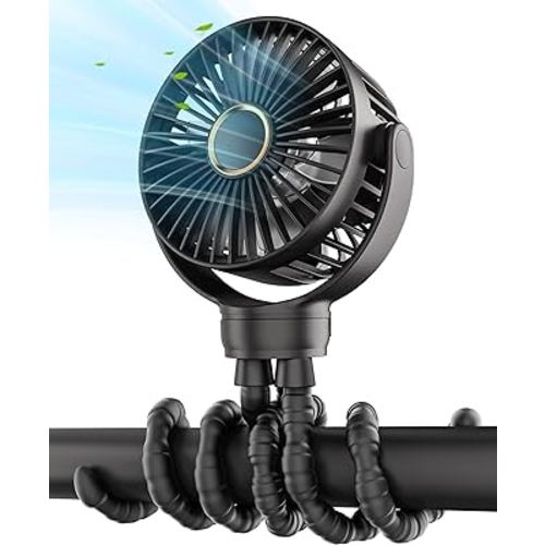 Stroller Fan, Rechargeable with TYPE-C Port, 2000mAh, 360° Rotatable, 3-Speed, Flexible Tripod, Clip Anywhere for Baby's Comfort - Durable and Easy to Clean, Black