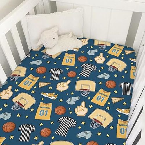 Fun Basketball Baby Crib Sheet 52''x28'' Sports Snug Fitted Mattress Cover for Boy Girl Basketball Balls Hoop Uniform Soft Nursery Baby Sheets