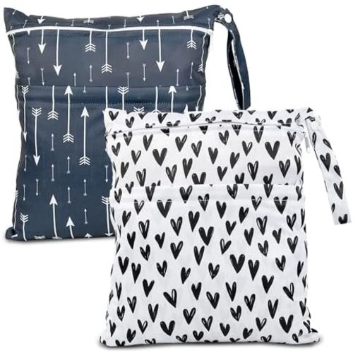 eaxin 2pcs Cloth Diaper Wet Dry Bags Waterproof Reusable with Two Zippered Pockets Travel Beach Pool Daycare Soiled Baby Items Yoga Gym Bag for Swimsuits or Wet Clothes-Black Hearts