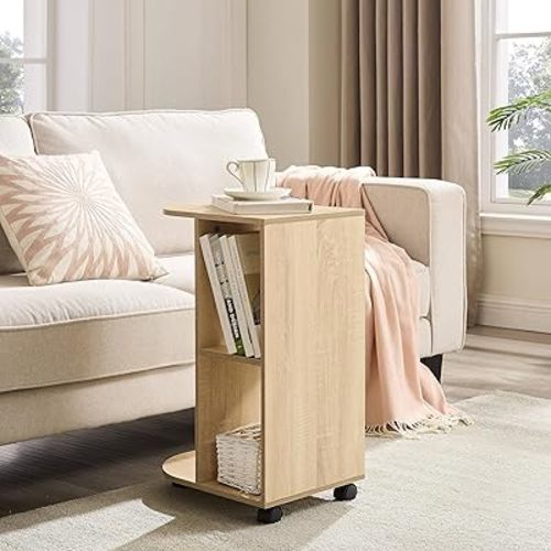 CAWS Side Table with Rolling Wheels, Portable End Table for Sofa or Bed, Small Spaces Furniture with Storage Shelf, Modern Design, Easy Assembly, Oak Color