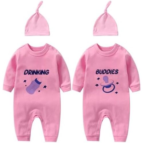 YSCULBUTOL Baby Twins Bodysuit Drinking Buddies Newborn Baby Clothes Unisex Cute Outfits Infant Toddler Romper With Hat Set