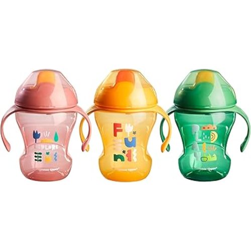 Tommee Tippee Sippee Trainer Cup with Handles, Water Bottle for Toddlers, Spill-Proof, BPA Free, 8oz, 7m+, Pack of 3, Pink, Green and Orange