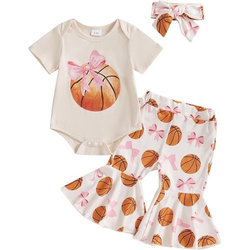 Lamuusaa Newborn Baby Girl Clothes Short Sleeve Basketball Bow Print Romper Flared Pants Headband 3Pcs Summer Outfit 0-18M