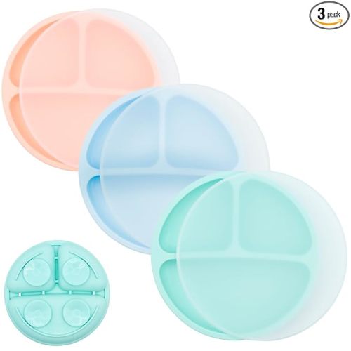 WeeSprout Suction Plates for Babies With Lids & Toddlers - 100% Silicone, Dinnerware Stays Put, Divided Design for Picky Eaters, Microwave & Dishwasher Friendly, 3 Pack