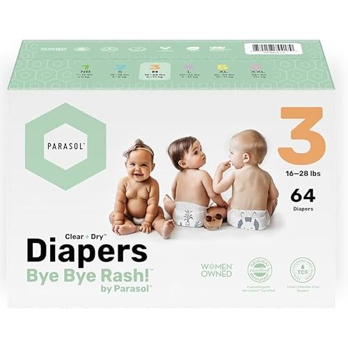 PARASOL Clear+Dry Disposable Diapers | RashShield Protection, Leakproof Design, Hypoallergenic Diaper Set (Size 3 (64 Count))