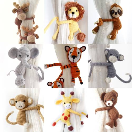 Safari Nursery Themed Animals Curtain Tie Back, Nursery Decor, Amigurumi Elephant, Monkey, Giraffe, Lion, Tiger, Sloth, Bear, Deer Toy