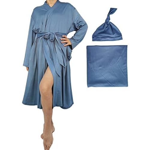 SUFEINI Maternity Robe and Matching Baby Swaddle Blanket Set, Mommy Robe with Receiving Blanket Girls Boys Sleepwear