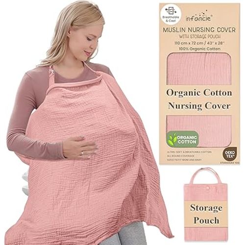 Organic Cotton Nursing Cover - 43 x 28 Inch Breathable Muslin Breastfeeding Cover, Multi-Purpose for Women (Pink)