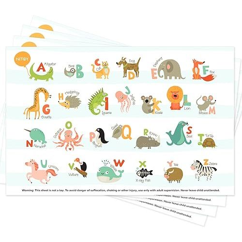 Disposable Placemats for Baby 40 Pack Stick-On Baby Placemat Alphabet ABC Animal Kids Table Mat for Restaurants Dining Table Travel Essentials for Toddlers, Multicolor