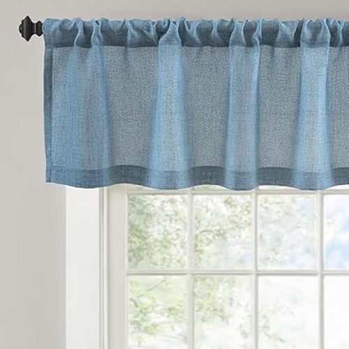 DriftAway Linen Textured Curtain Valances for Windows Light Filtering 3 Inch Rod Pocket Farmhouse Country Rustic Kitchen Valances for Bedroom Living Room Bathroom 14 inch Length Blue