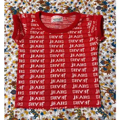 Vintage 1970s Kids Toddlers Baby JEANS T-shirt Novelty Print T-Shirt Red and White Graphic Print Tee by Health-Tex Retro Mod Size 12 Months