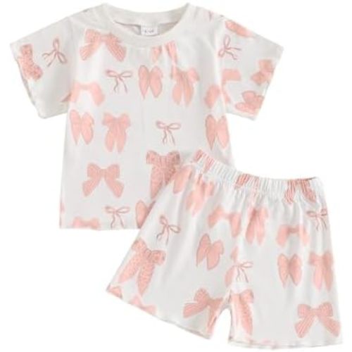 Baby Girl Summer Clothes Toddler Cute Bows Outfit Short Sleeve T-shirt Shirt Tops + Elastic Waist Shorts Set