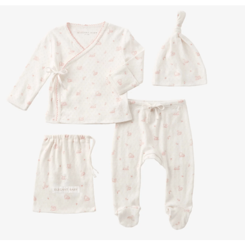 Pink Swan Print Organic Cotton Pointelle Layette 3 Pc Gift Set – Elegant Baby