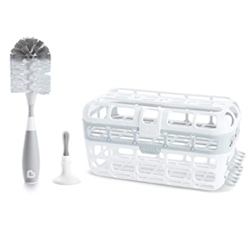 Munchkin Baby Bottle & Small Parts Cleaning Set, Includes High Capacity Dishwasher Basket & Bristle Bottle Brush, Grey - Gray