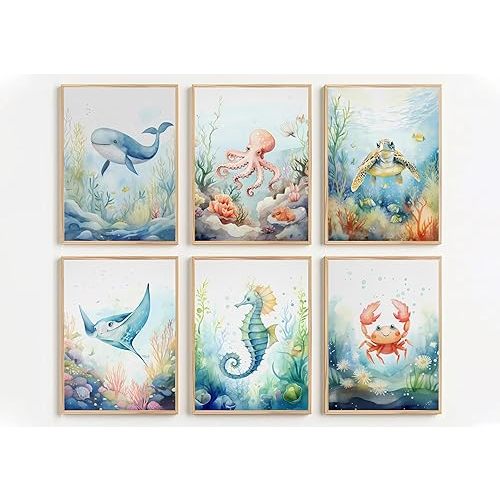 6Pcs Nursery Sea Animal Canvas Wall Art Ocean Cute Watercolor Animal Kids Room Painting Pictures Wall Decor Poster Printing Artwork for Baby Boy Girl Bedroom Children Room Unframed